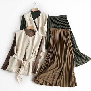 Set: Mock-neck Long-sleeve Top + Tie Waist Vest + Midi Accordion Pleat Skirt