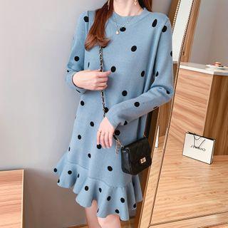 Polka Dot Long-sleeve Knit Midi Dress
