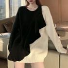 Two-tone Ruffle Trim Sweater Black & White - One Size