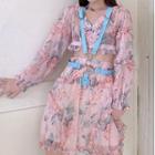 Floral Print Blouse / Mini A-line Skirt / Belt