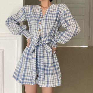 Set: Plaid Cropped Blouse + Wide-leg Shorts