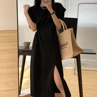 Puff-sleeve Cutout Midi A-line Dress Black - One Size