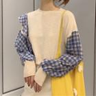 Gingham Panel Ruffled Sweater Almond - One Size