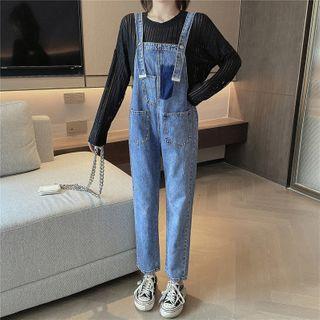 Striped Blouse / Denim Cropped Jumper Pants