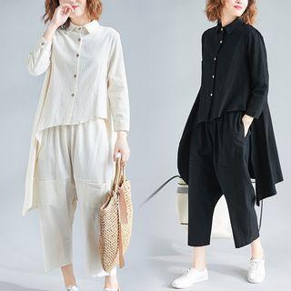 Set: 3/4-sleeve Dip-back Shirt + Linen Wide-leg Pants