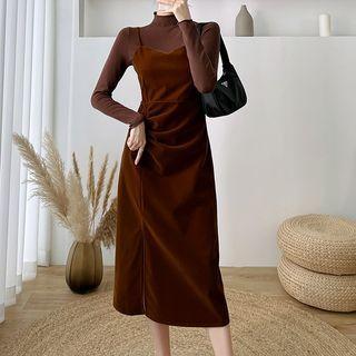 Velvet Spaghetti-strap Dress / Long-sleeve Plain Knit Top (various Designs)