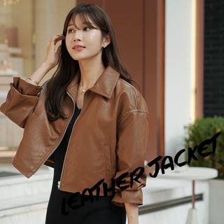 Cropped Faux-leather Zip-up Jacket