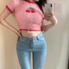 Short-sleeve Cherry Jacquard Knit Top Pink - One Size