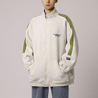 Stand-collar Two-tone Panel Zip-up Jacket