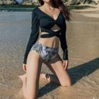 Set: Long-sleeve Tie-waist Swim Top + Printed Bottom