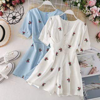 V Collar Button Floral Rompers