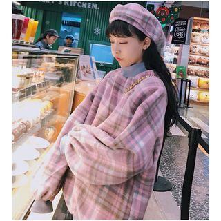 Set: Plaid Loose-fit Pullover + Beret