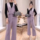 Set: Sashed Vest + Wide-leg Pants + Top