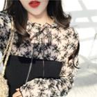 Floral Long-sleeve Blouse / Plain Bandeau Knit Dress
