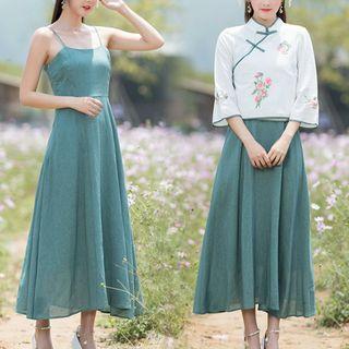 Set: Spaghetti Strap Midi Dress + Elbow-sleeve Hanfu Top