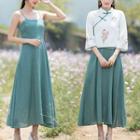 Set: Spaghetti Strap Midi Dress + Elbow-sleeve Hanfu Top