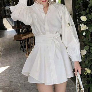 Gather Waist Long Sleeve Mini A-line Shirtdress