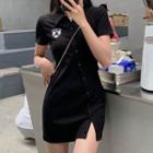 Asymmetrical Short-sleeve Badge A-line Polo Dress