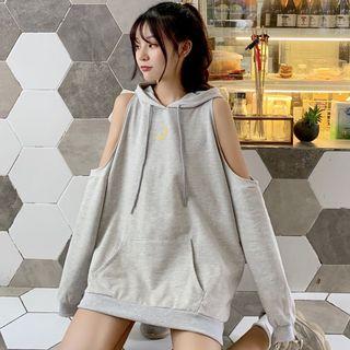 Moon Embroidery Cold Shoulder Hoodie