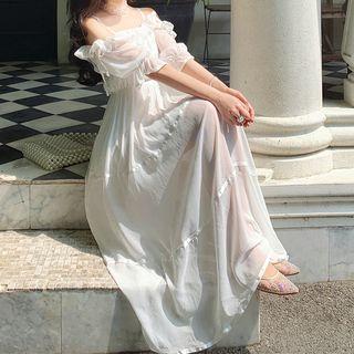Elbow-sleeve Cold Shoulder Ruffled A-line Midi Dress White - One Size