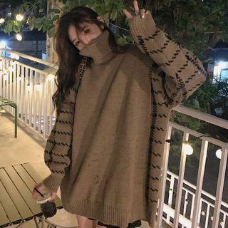 Long-sleeve Turtleneck Plaid Panel Sweater Khaki - One Size