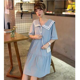 Elbow-sleeve Striped Trim Wide Collar A-line Dress
