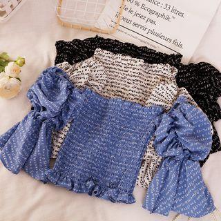 Off-shoulder Bell-sleeve Printed Smocked Top