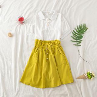 Short Sleeve Plain Polo Shirt / Paperbag Waist A-line Skirt