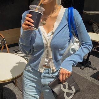 Piped Faux-gem Button Cropped Cardigan