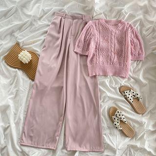 Elbow-sleeve Pointelle Knit Top / Wide Leg Pants / Set