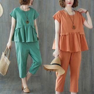 Set: Short-sleeve Peplum Top + Tapered Pants