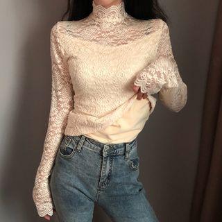 Lace Turtleneck Fleece Top