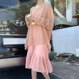 Plain Oversized Sweater / Spaghetti Strap Midi Dress