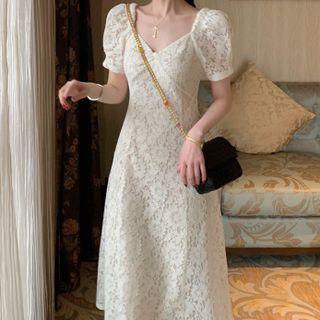 Short-sleeve Lace A-line Dress / Midi A-line Dress