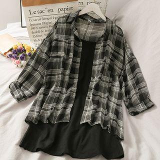 Set: Loose-fit Plaid Light Shirt + Slipdress Black - One Size