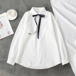 Long Sleeve Shirt With Ribbon Bow White - One Size
