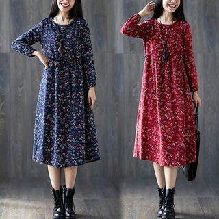 Ethnic Long-sleeve Floral Cotton Linen Dress