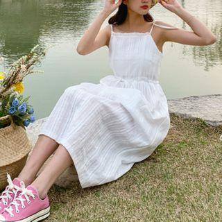 Drawstring-waist Spaghetti-strap Midi A-line Dress