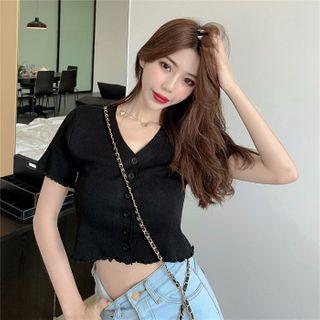 Short-sleeve Polo-neck Cropped Cardigan