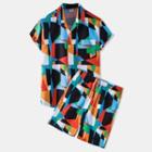 Set: Short-sleeve Geometric Print Shirt + Shorts