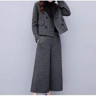 Set: Long-sleeve Plain Jacket + Wide-leg Pants