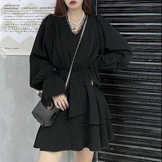 Long-sleeve V-neck Lace-trim Layered Mini Dress