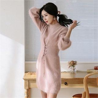 Lace-up Wool Blend Furry Sweater Dress