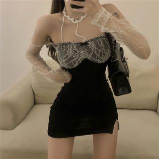 Choker-neck Cold-shoulder Lace Panel Mini Bodycon Dress