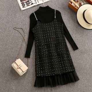 Set: Long-sleeve Mock-neck Knit Top + Tweed A-line Pinafore Dress