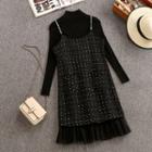 Set: Long-sleeve Mock-neck Knit Top + Tweed A-line Pinafore Dress