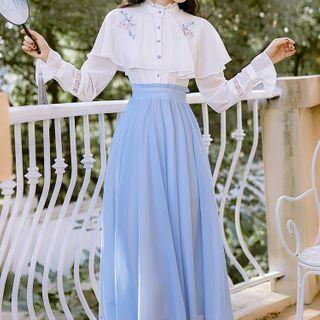 Long-sleeve Mock Two-piece Lace Panel Midi Dress