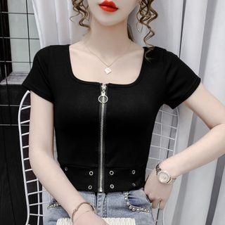 Short-sleeve Grommet Zip Detail T-shirt
