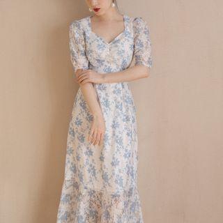 Square-neck Embroider Floral A-line Dress