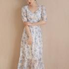 Square-neck Embroider Floral A-line Dress